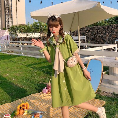 Primavera jk cuello marinero estilo universitario Vestido de manga larga femenina dulce estudiante suave suelta versión coreana de la falda japonesa tide: Green short sleeve