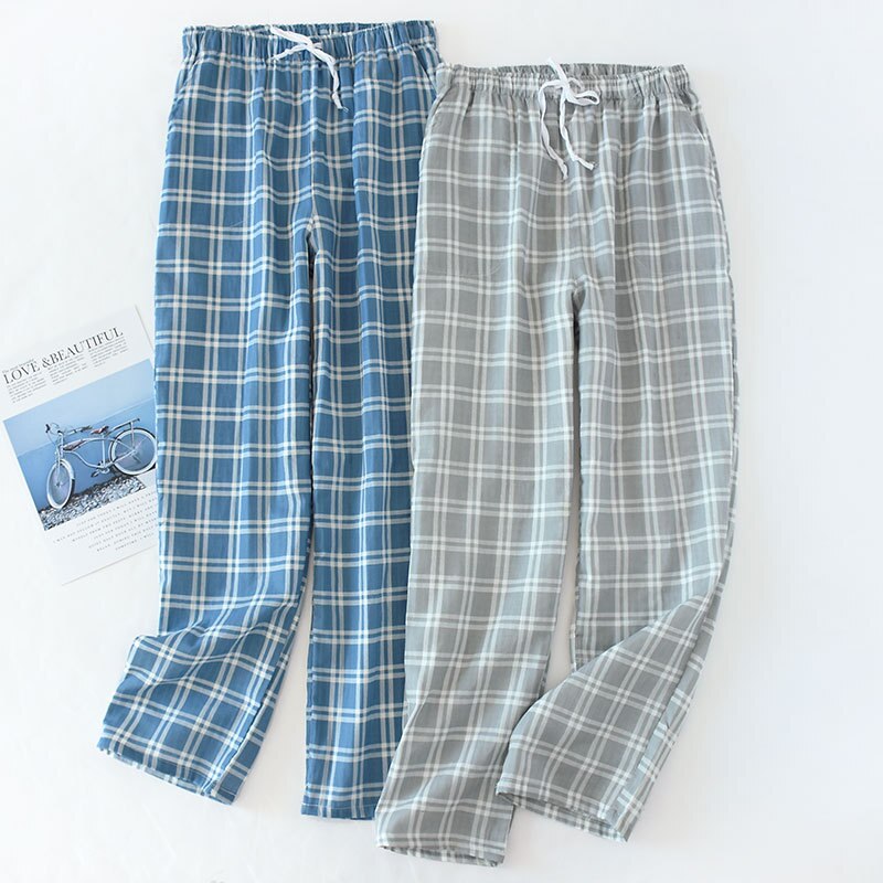 Mens Cotton Gauze Sleep Bottoms Plaid Knitted Pajama Pants Loose Sleepwear Lounge Wear Trousers Men Elastic Band Pijama Shorts #