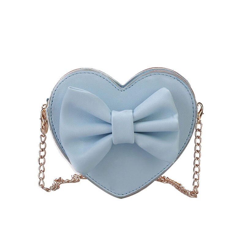 Baby Girls Cute Bow Handbags Heart Shaped Shoulder Bag Solid Color Crossbody Bags Small Purse PU Leather: Blue