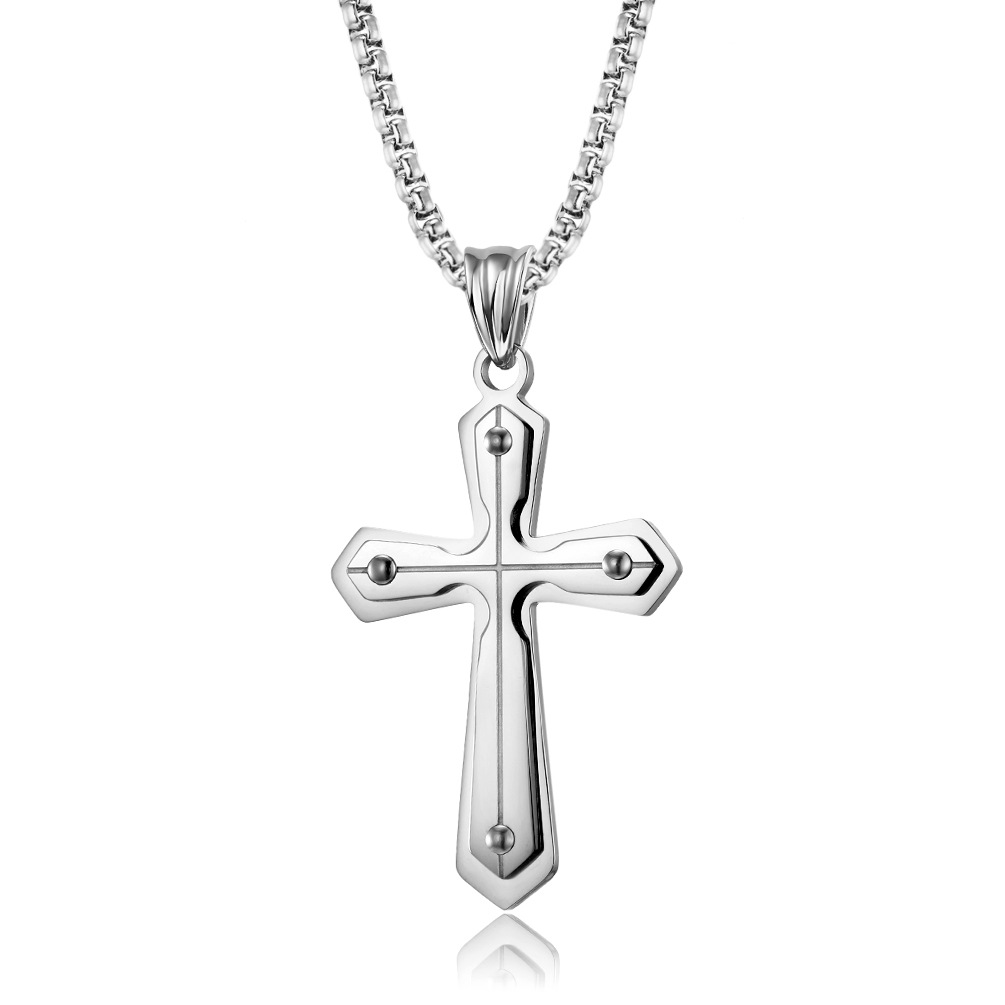 JESUS Multi-Layer Cross Pendant Necklaces Christian Stainless Steel Payer Necklace for Men Him Male Jewelry: Silver