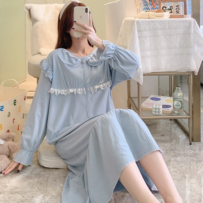 2022 Lente Lange Mouwen Katoenen Losse Lange Jurk Nightgowns Voor Vrouwen Koreaanse Nachtkleding Homewear Nachtjapon Nachthemd Thuis Nachtjapon