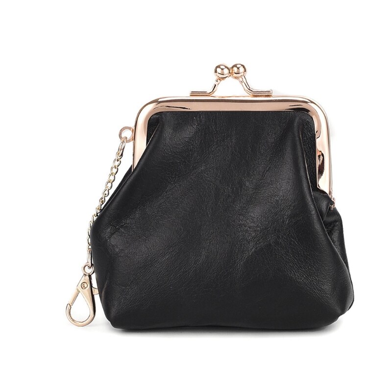 Portable Leather Coin Card Key Ring Wallet Pouch Mini Purse Kiss-Lock Change Bag X7YA: Black L