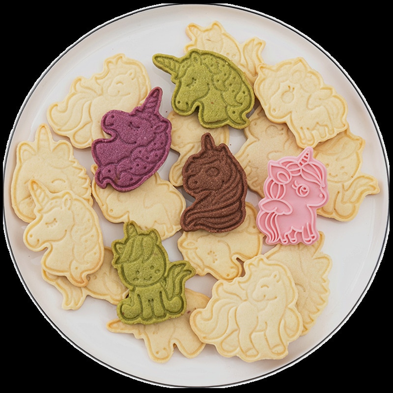 6 Stks/set Eenhoorn Vorm Cookie Cutters Plastic 3D Cartoon Pressable Biscuit Mold Cookie Stamp Keuken Bakken Gebak Bakvormen Tool