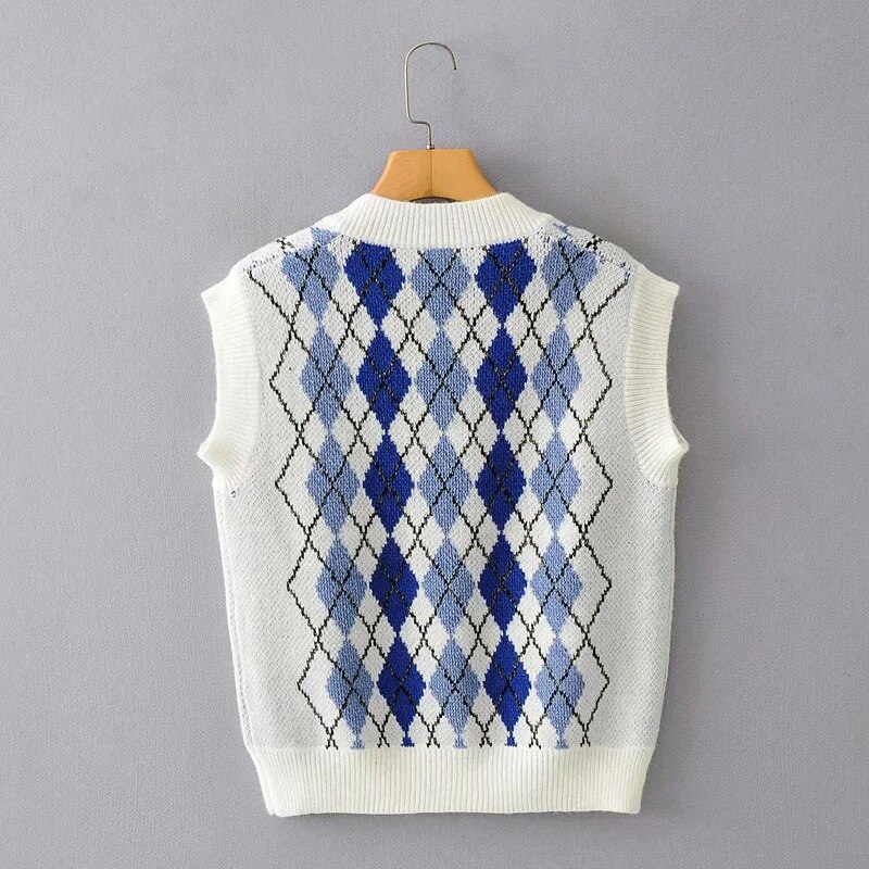 Casual Argyle Cropped Sweater Vest Women Sleeveless Knitted Pullover Ladies V Neck Preppy Style Plaid Tank Jumpers Autumn Winter