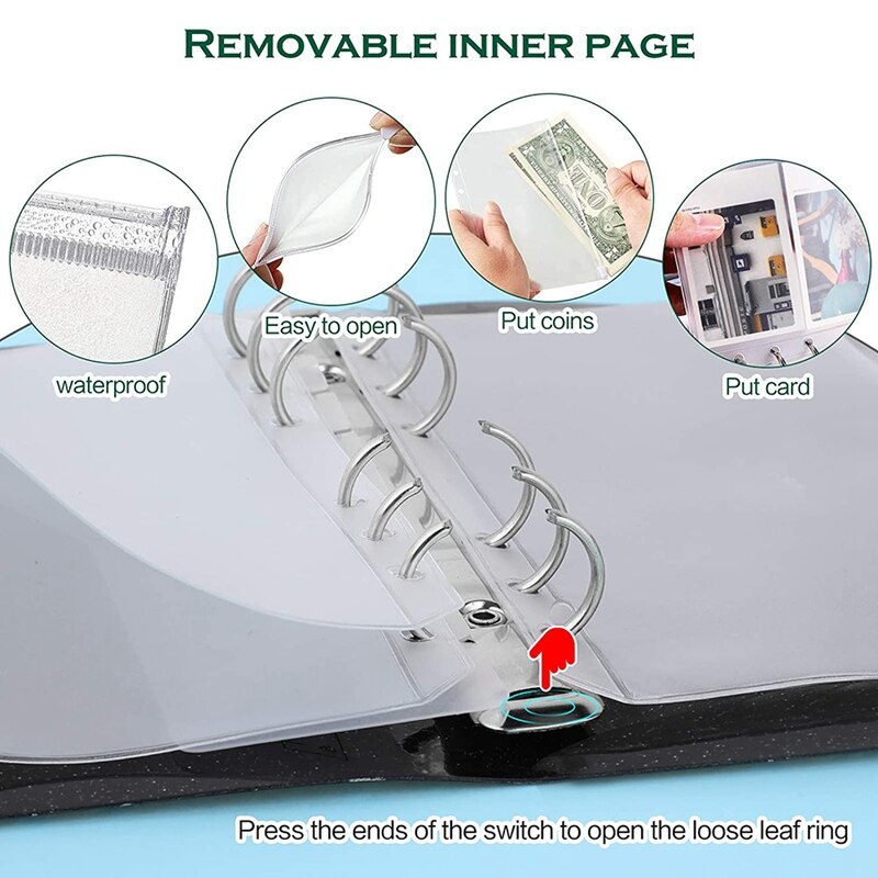 11Pcs A6 Budget Binder PVC 6 Ring Refillable Binder Cover with 9 Binder Pockets/1 Binder Card / 1 Label