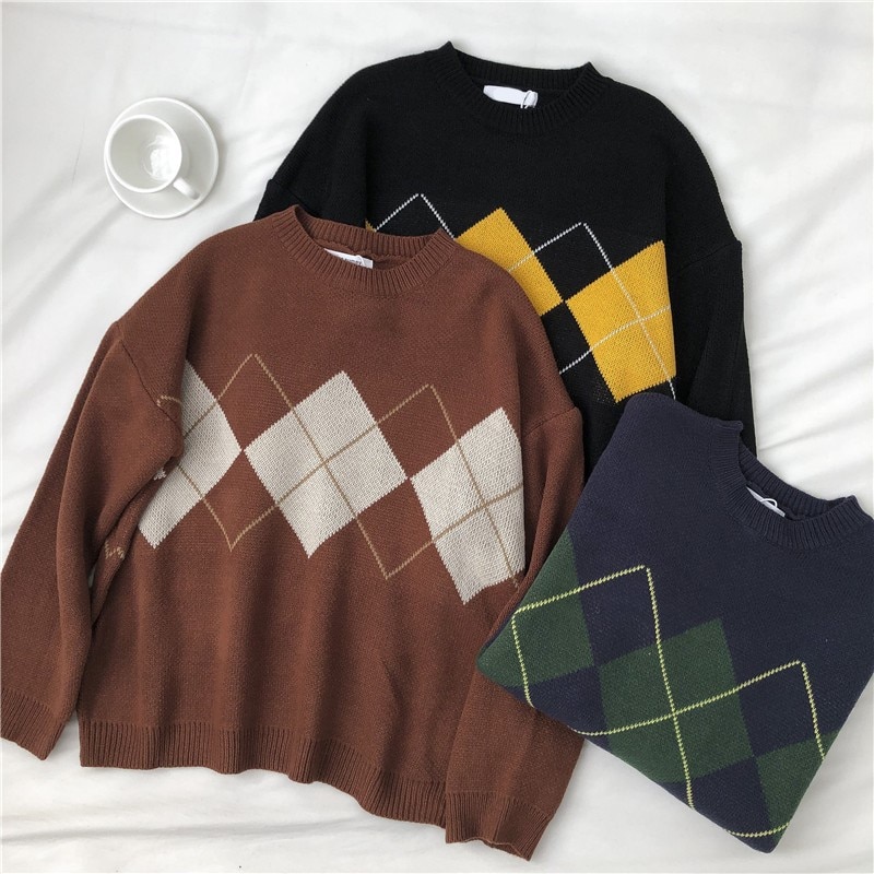 Gebreide Trui Vrouwen Argyle Oversize Truien Koreaanse Truien Dames Winter Losse Truien Vrouwelijke Casual Jumper Ropa De Mujer