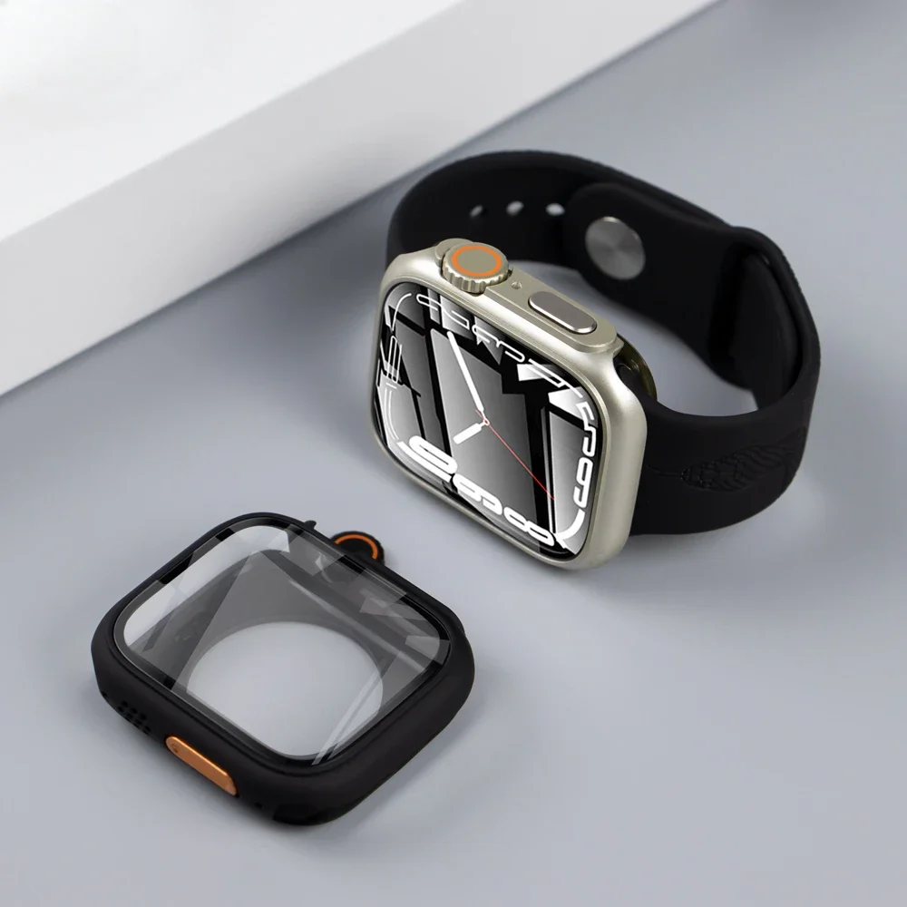 Change To Ultra 360 Full Cover Case for Apple Watch 45mm 44mm Tempered Glass Screen Protector for IWatch Series 9 8 7 6 SE 5