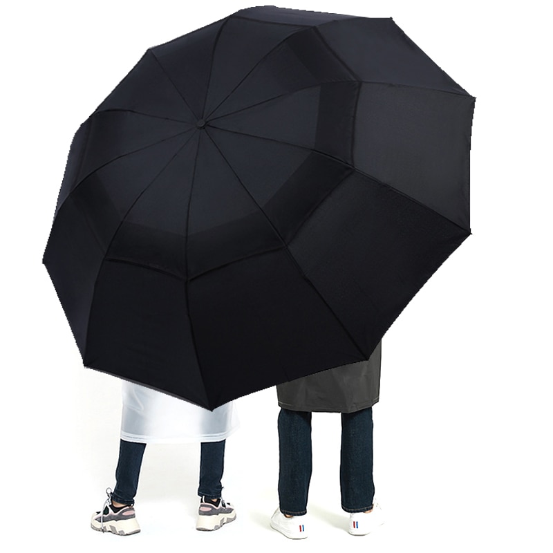 Stort hopfällbart damparaply regn män dubbellager stort reseparaply vattentätt herrparasoll för 3-4 personer 125cm diameter