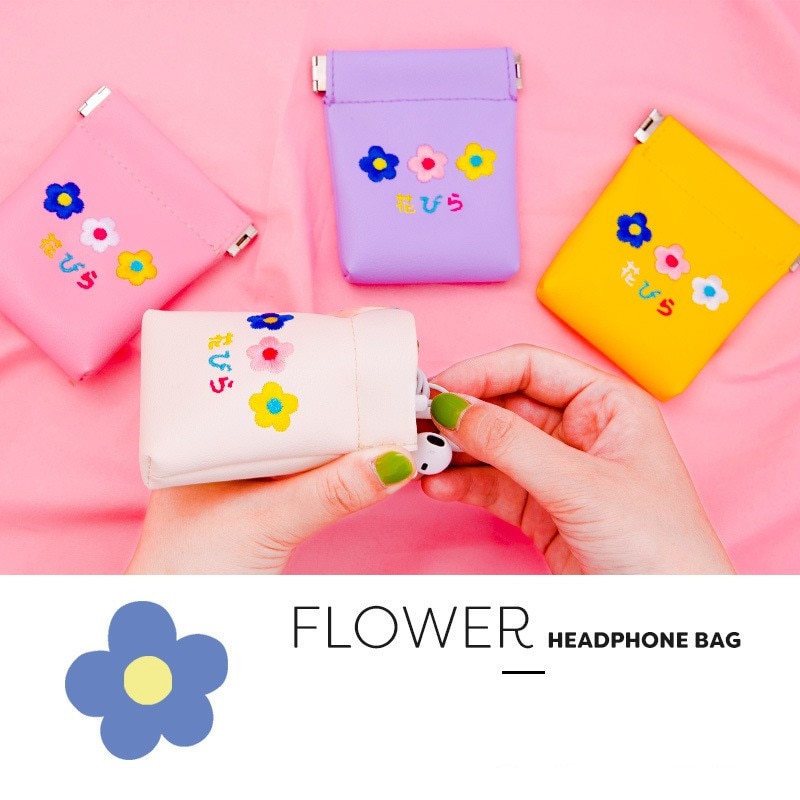 Milkjoy Flower Embroidery Cute Coin Purse Bentoy Airpods Headphone Bag Leather Mini Storage Case For Women