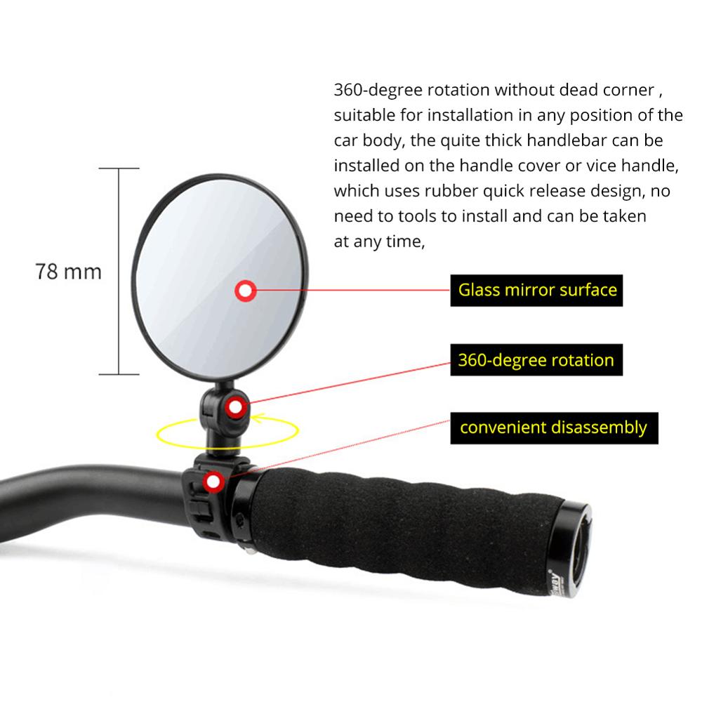 Bicycle Mirror Rear View MTB Rotary Rear View Mirror of Bicycle Handlebars with Key for Road Bikes Mountain Bikes 360- Black