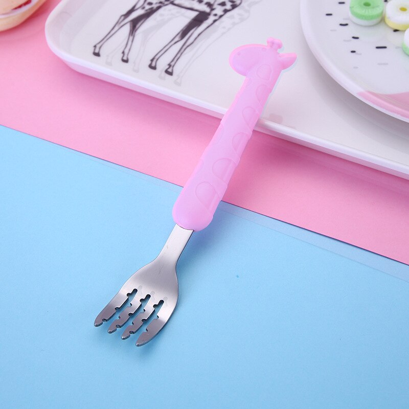 Qshare-vajilla de jirafa para bebé, cuchara de postre para niños, tenedor cuchara de alimentación, artículos de alimentación para bebé, vajilla para niños: Pink Fork