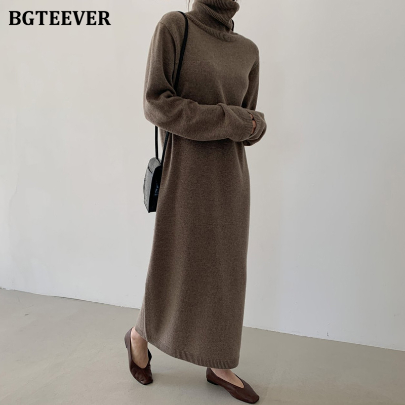 Bgteever afslappet tykkere varm kvinders strikket kjole med lange ærmer, løs turtleneck, kvindelige sweaterkjoler efterår vinter vestidos: Khaki