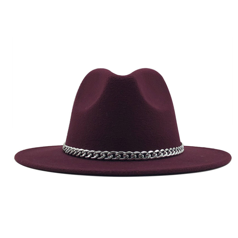 Fedora hat med bred kant rand lmitation uldfilt hatte med metal kæde indretning panama fedoras chapeau sombrero: 6