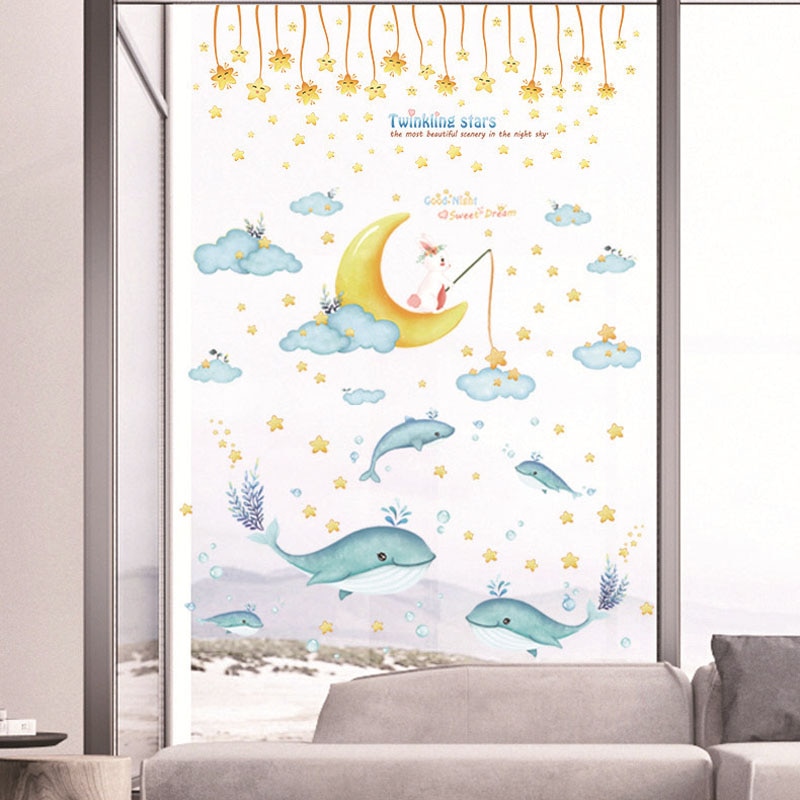 Diy tegneserie låve vegg klistremerke hjem rom dekorasjon blinkende stjerner kanin månehval baby soverom dekor avtakbar pvc tapet