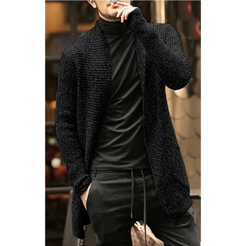 Vinter turn-down krave lang cardigan mænd afslappet solid varm langærmet sweater mænd slim fit homme rullekrave strik herre: Sort / Xxl