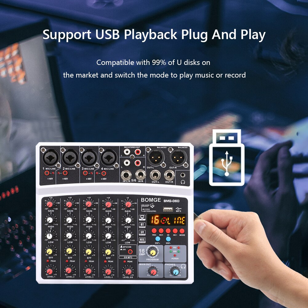 6 Kanalen Sound Mixing Console 16 Dsp Bluetooth Compatibel Usb Interface Record MP3 Computer 48V Power Monitor Audio mixer