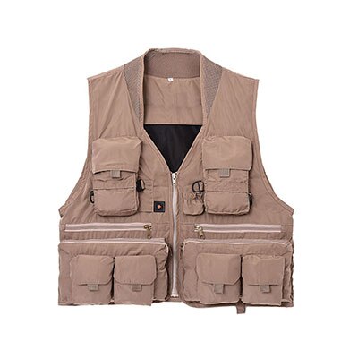 Chaleco de pesca de malla para hombre, chaqueta con múltiples bolsillos para fotografía, trabajo al aire libre, chaleco para entrevista, abrigo para acampar al aire libre y senderismo: Caqui / L
