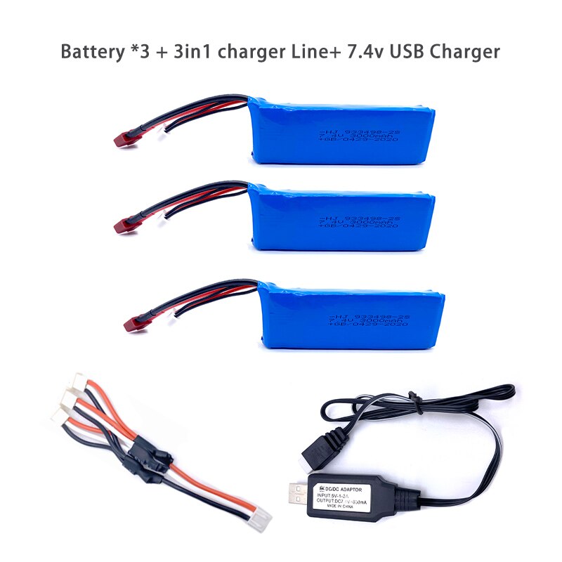 Wltoys 144001 Car 2s 7.4V 3000mAh Upgraded Lipo Battery T Plug For Wltoys 1/14 144001 RC Car Boat Lipo Battery Parts Upgraded: 3Bat3in1LineUSBCH