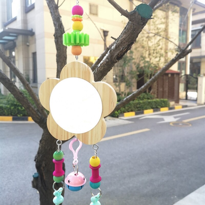Unbreakable Hanging Bird Mirror Chicken Toys with Bell Wooden Pecking Toy for Chicks Hens Coop