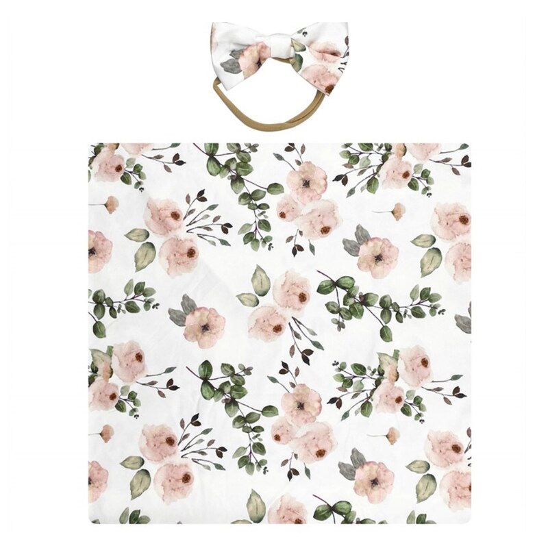 2 uds. De envoltura Floral para Recién Nacido + conjunto de diadema, manta receptora de algodón para bebé, saco de dormir, banda para el pelo: 1