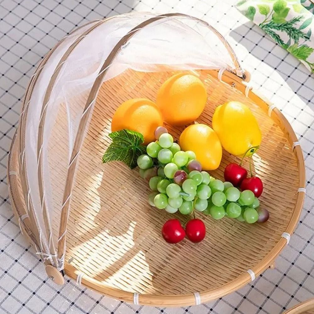 Bamboo Woven Basket Anti-Mosquito Net Fruit Vegetable Laundry Baskets Dustpan Tent Basket Tray Outdoor Picnic Mesh Net Cover