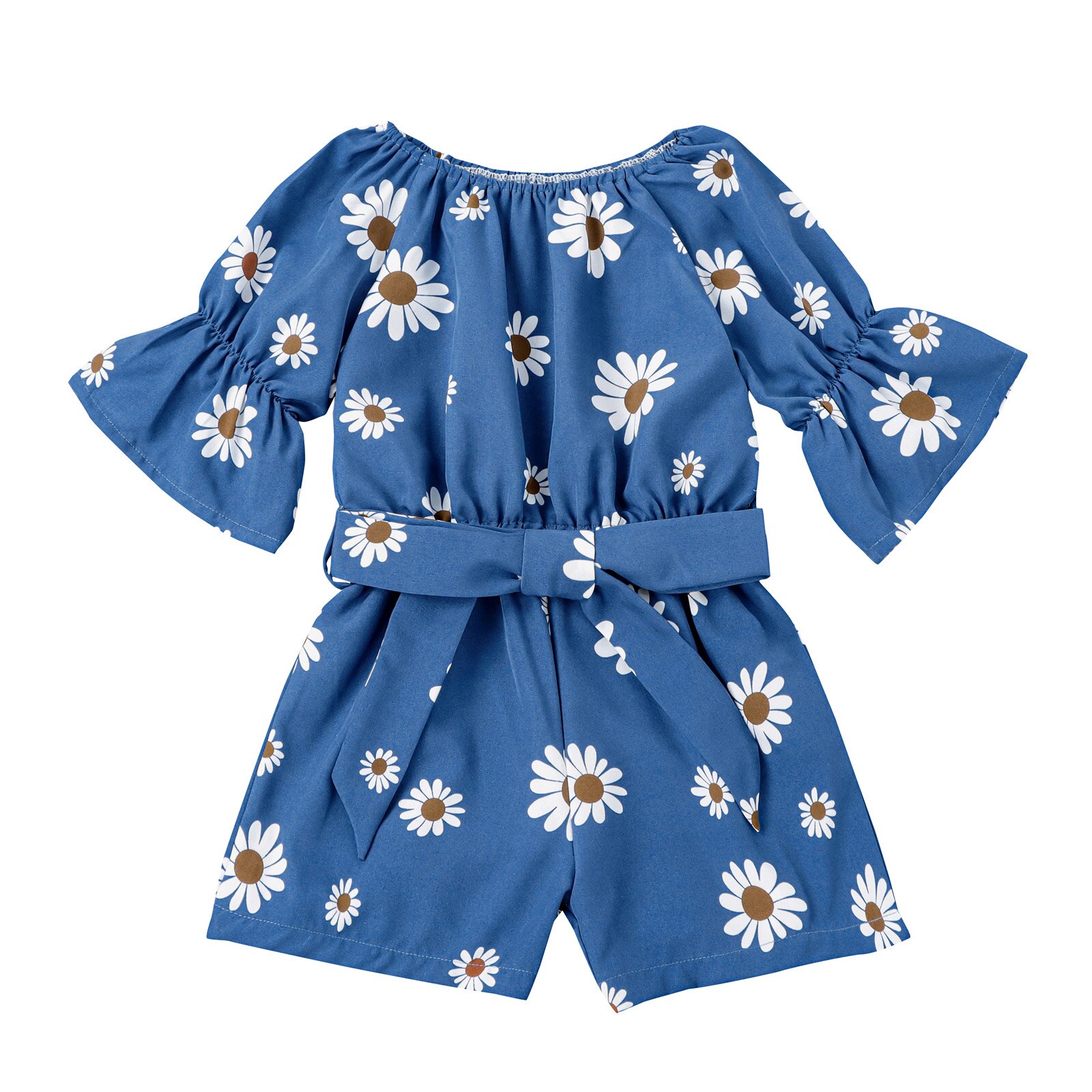 2-7Y Zomer Mooie Casual Kids Meisjes Jumpsuits Zonnebloemen Print Korte Mouw Riem Casual Rompertjes Kids Overalls