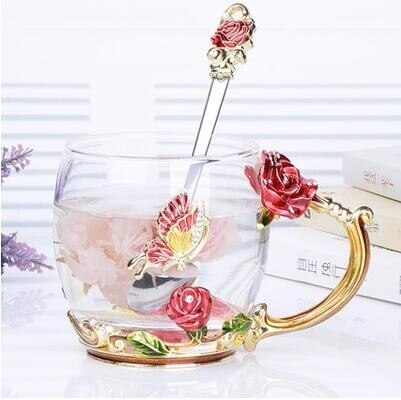 Rose Blossom En Strass Versierd Emaille Koffie Cup Beker Bloem Thee Glas Melk Cups Legering Handgreep Kopjes En Mokken: C