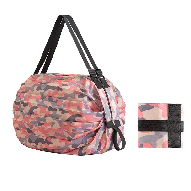 Bolsa de compras plegable, bolso de hombro de viaje de gran capacidad, grueso, para comestibles: Pink camouflage