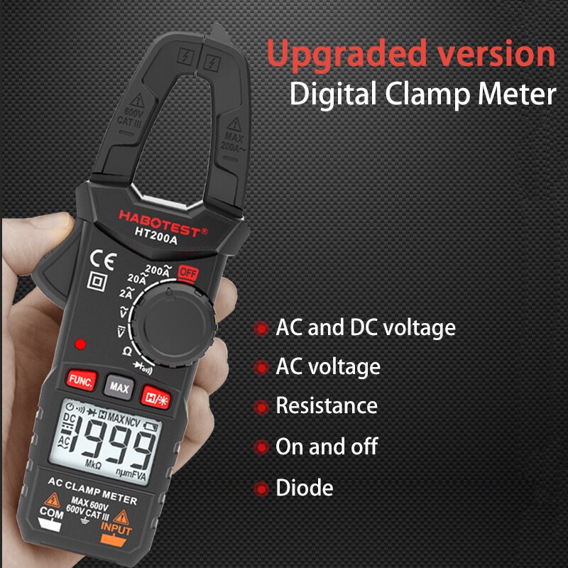 Habotest HT200A/200B AC DC Ammeter Digital 600V 200A 20MΩ Digital Clamp Meter Multimeter Continuity Max High Precision Tester