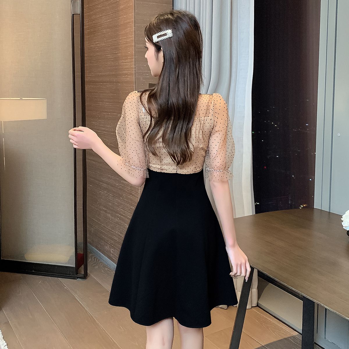 COIGARSAM Women one-piece dress korean Summer Mesh Dresses Black 622