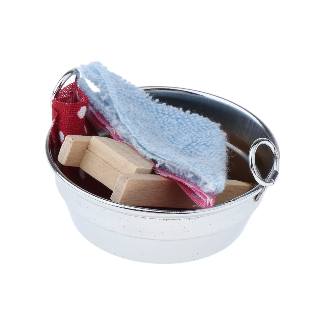Miniatuur Ijzer Wassen Bad (Met Wassen Boord En Kleding) 1/12 Schaal, Voor Poppen Huis Decoratie, 5x5x2.5cm