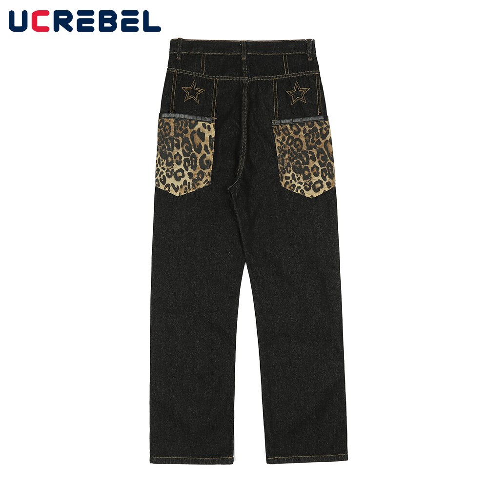 Pantalones vaqueros con estampado de leopardo para hombre, Jeans con paneles de contraste, ropa de calle, pantalones sueltos de pierna recta