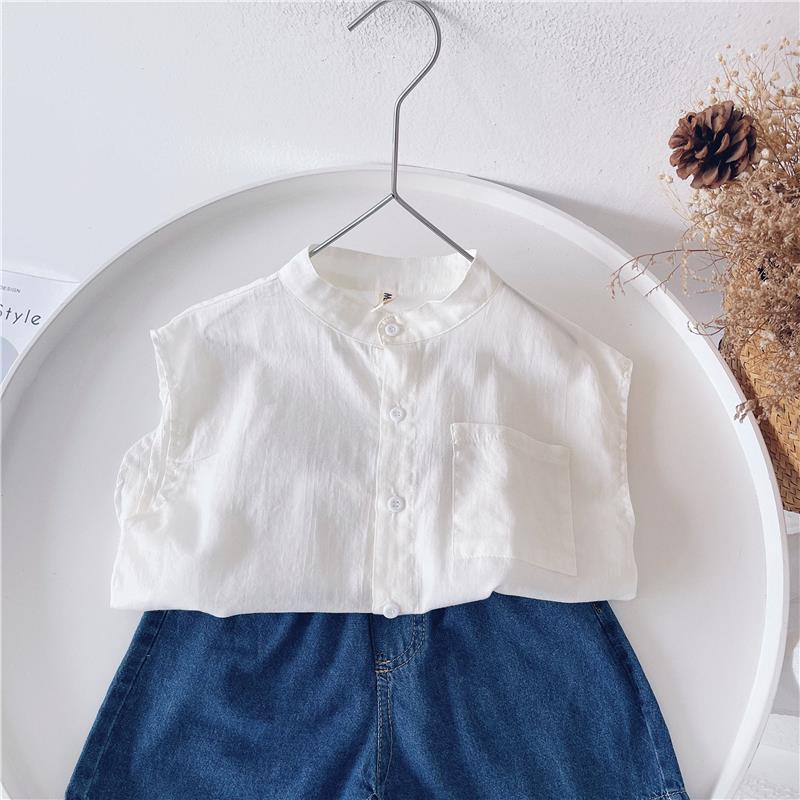 Jongens Mouwloos Shirt Met Pocket 2022 Zomer Koreaanse Kinderen Effen Kleur Casual Button Shirts Knappe Kinderkleding WT763