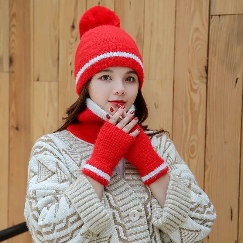Ensemble de 3 pièces écharpe, chapeau, gants, ensemble chaud d'hiver, bonnet, écharpes, accessoires d'hiver pour femmes: Rouge