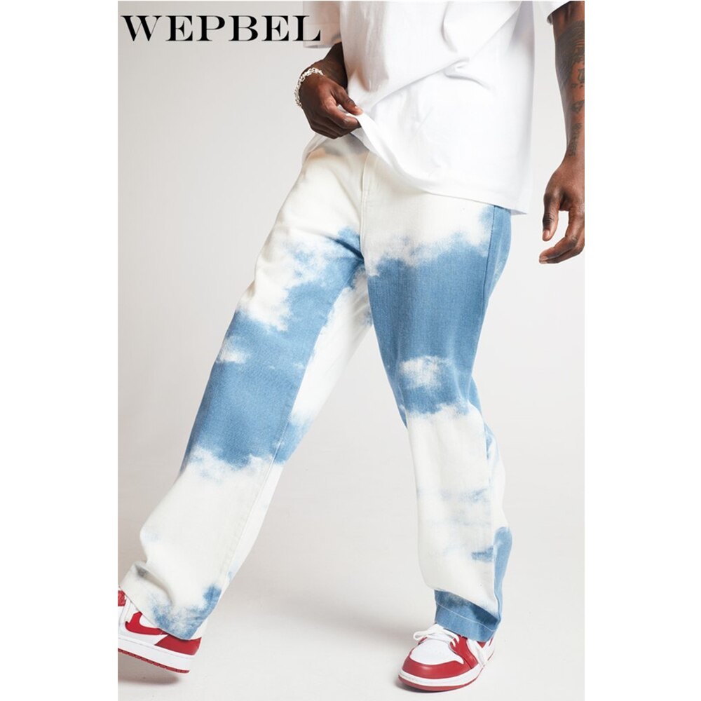 Wepbel mænd casual løse lige denim bukser tie dye print himmelblå lange bukser lige jeans