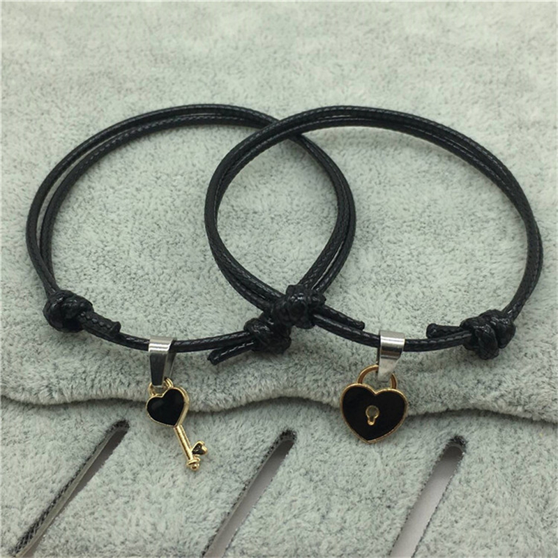 2 unids/set pulsera minimalista para parejas, llave esmaltada, pulsera con cierre de amor, pulsera de cuerda de cera ajustable, accesorio Unisex para hombres y