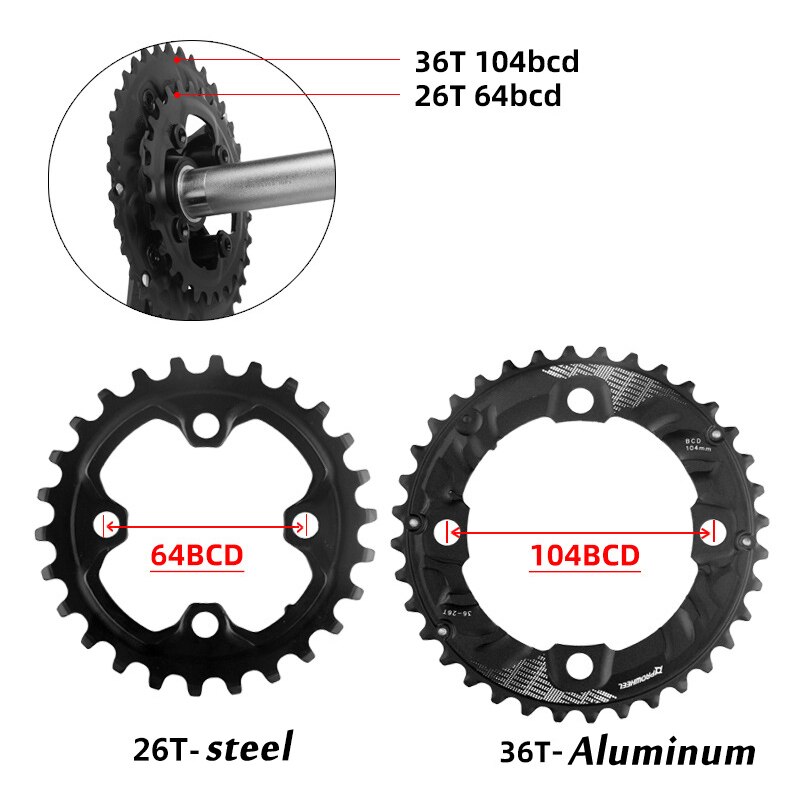 Prowheel Mtb 64/104BCD Dubbel Kettingblad 2*10/11 Speed Fietsketting Ring 26T 28T 36T 38T Mountainbike Kettingwiel Mtb Crankstel: 26T and 36T