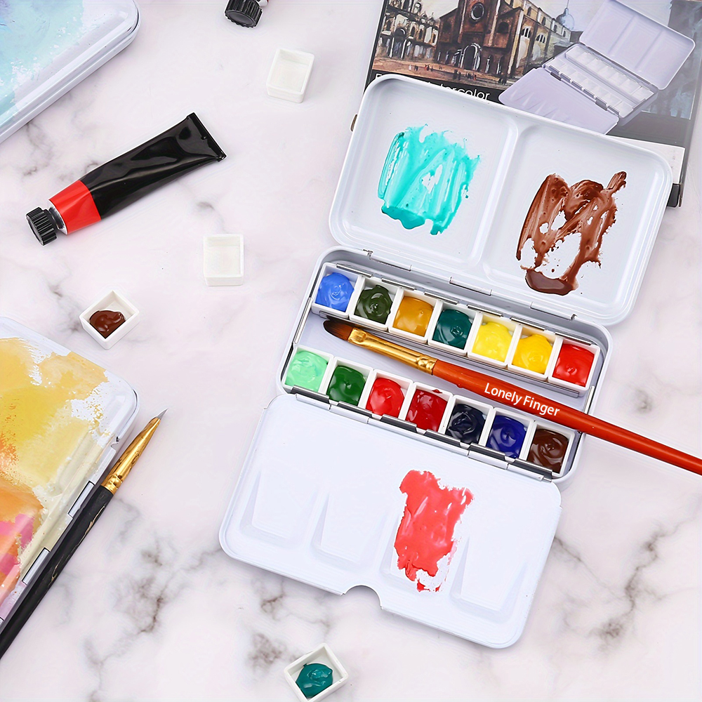 Paleta de acuarela vacía, caja de pintura de paleta de lata de acuarela vacía de Metal con 14 Uds. De medias sartenes para paleta de acuarelas de viaje DIY