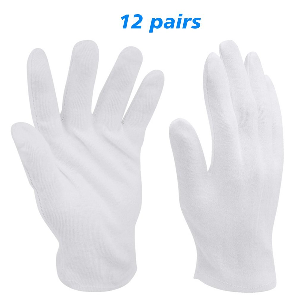 Guantes de protección para el trabajo, manoplas blancas de algodón, para joyería, reconocimiento, limpieza del hogar, jardinería, suministros de etiqueta, 12 pares