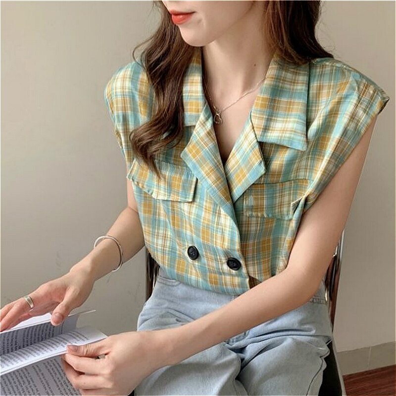 Vesten dames geruite losse inkepingen dubbelrijs chic studenten zomerjassen mouwloos all-match streetwear dames