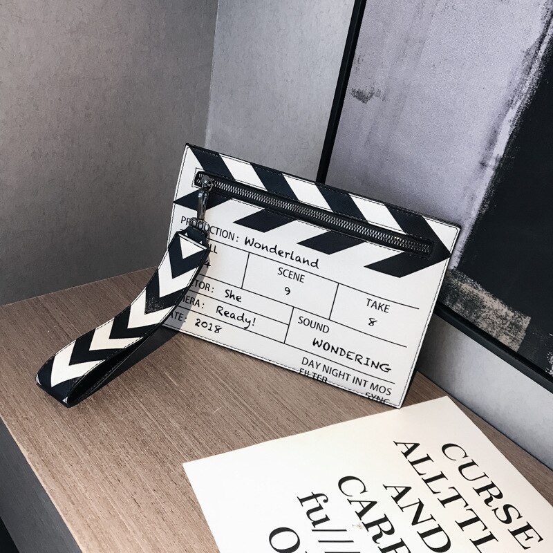 Svart och vit filmrekvisita pu läder casual kvinnors clutch kuvertväska kvinnor axelväskor crossbody messener bag
