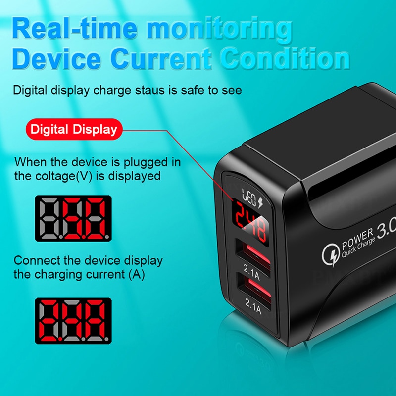 Usb lader med ledet vise dobbel usb havn 2.4a hurtiglading til iphone 8 lader adapter mobiltelefon ladere til samsung  s10