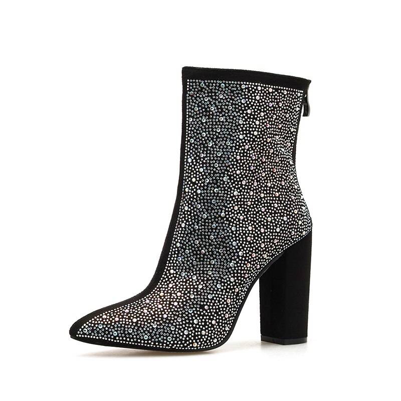 Bottines noires à strass et fermeture éclair pour femmes, à bouts pointus, à talons hauts, chaussures Botas mujer grande taille du 35 au 42: 9