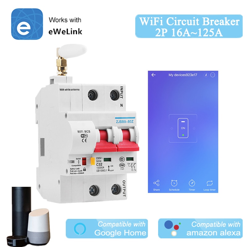Ewelink 2P Afstandsbediening Wifi Stroomonderbreker Overbelasting Bescherming Compatibel Met Alexa En Google Thuis Smart Home Mcb