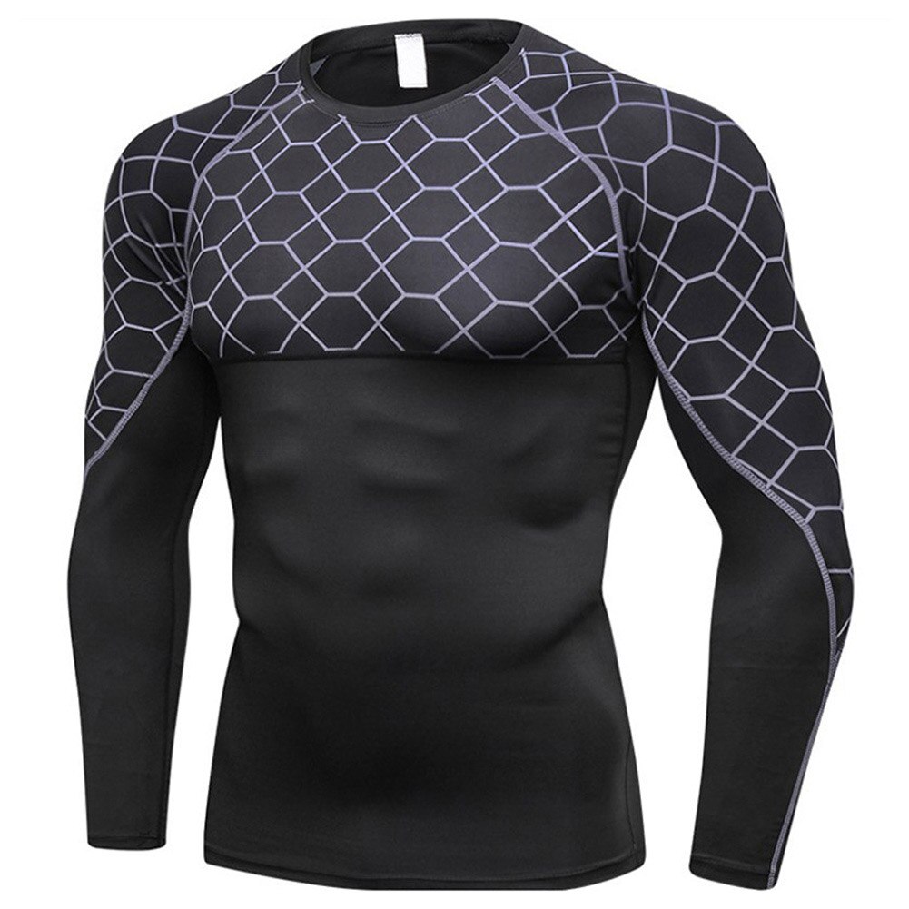 Men Quick-dry Tight Breathable Printed Sports Shirt with Long Sleeve Round Neck ENA88: Gray / L