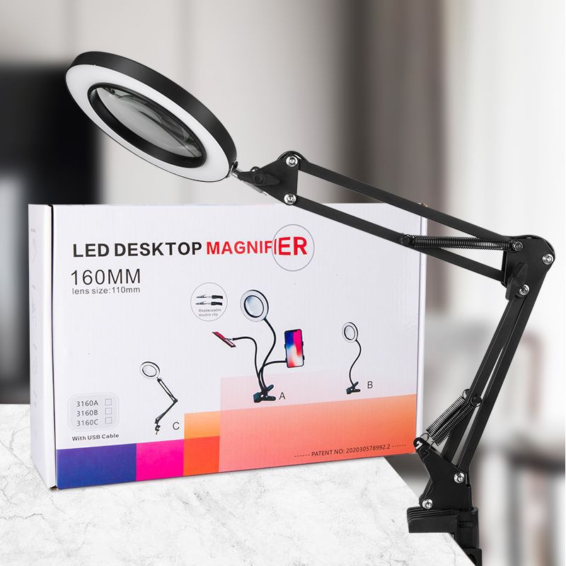 Flexibele Clamp-On Tafellamp Met 10x Vergrootglas Glas Swing Arm Dimbare Verlicht Vergrootglas Led Bureaulamp 3 Kleur modi Lamp