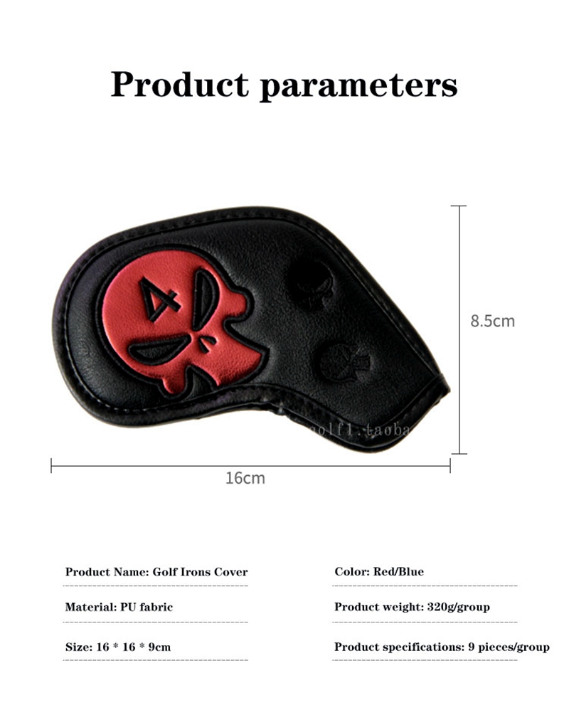 Waterdichte golfijzerhoezen, golfclubhoofdhoezen, ijzerbeschermers, geborduurd doodskopmotief van pu.