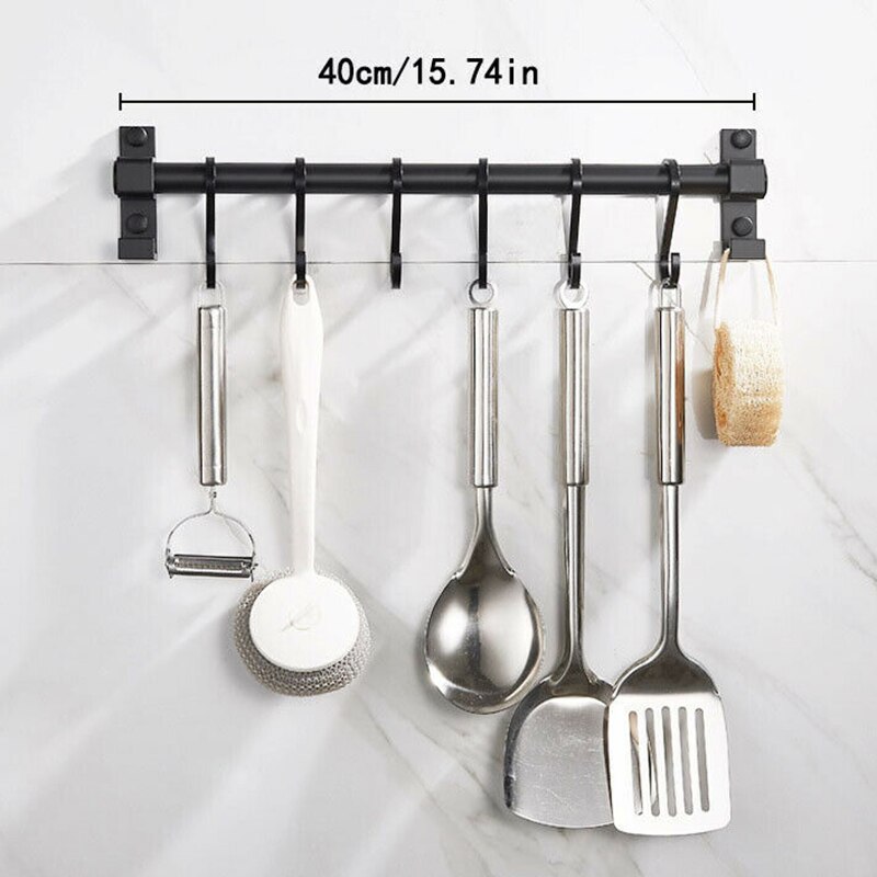 Kitchen Rail Rack Wall Mounted Utensil Hanging Rack Hanger 6 Hooks Holder Tool