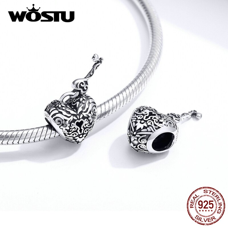 WOSTU 925 Sterling Silver Heart Lock Key Beads Vintage Charms Fit Original Bracelet Pendant For Women Necklace Jewelry CQC1447