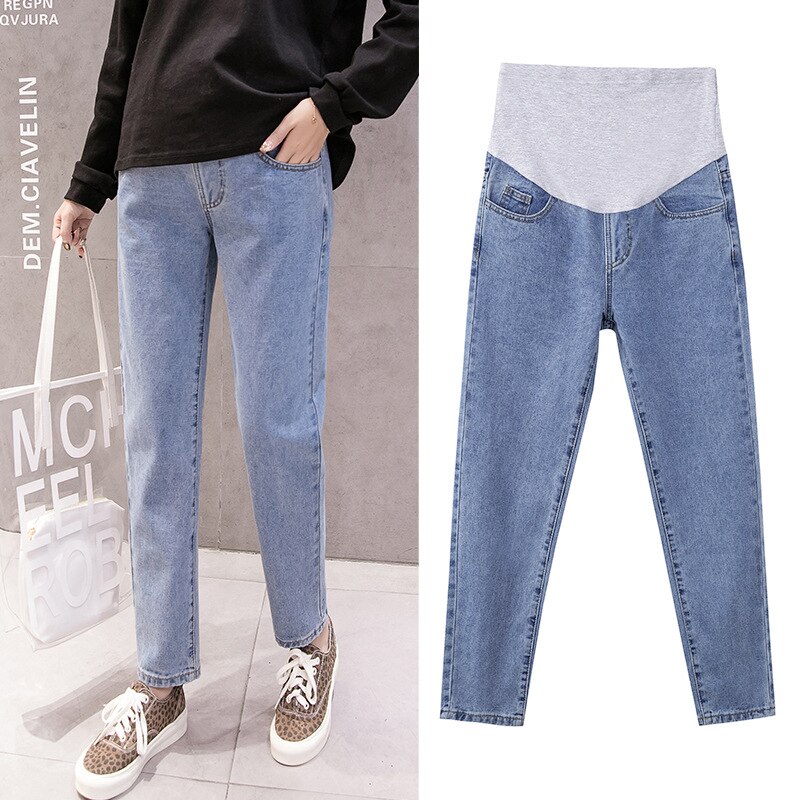 Graviditet mavebukser kæreste jeans barselbukser til gravide kvinder tøj høje talje bukser løs denim jeans: Himmelblå / L